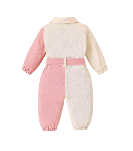 The Nylah - Baby Girl Color Block Long Sleeve Jumpsuit with Lapel Collar, Button Front Closure, Waist Bow Tie & Patch Pockets