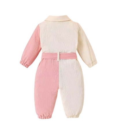 The Nylah - Baby Girl Color Block Long Sleeve Jumpsuit with Lapel Collar, Button Front Closure, Waist Bow Tie & Patch Pockets