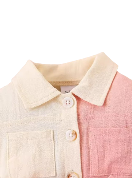 The Nylah - Baby Girl Color Block Long Sleeve Jumpsuit with Lapel Collar, Button Front Closure, Waist Bow Tie & Patch Pockets
