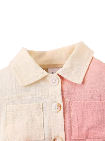 The Nylah - Baby Girl Color Block Long Sleeve Jumpsuit with Lapel Collar, Button Front Closure, Waist Bow Tie & Patch Pockets