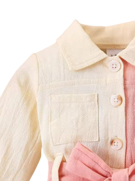 The Nylah - Baby Girl Color Block Long Sleeve Jumpsuit with Lapel Collar, Button Front Closure, Waist Bow Tie & Patch Pockets