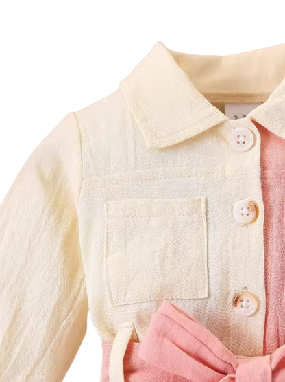 The Nylah - Baby Girl Color Block Long Sleeve Jumpsuit with Lapel Collar, Button Front Closure, Waist Bow Tie & Patch Pockets