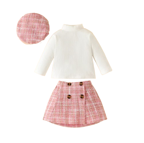 The Mariam - Baby Girl Knit Long Sleeve Top Plaid Skirt Hat Set Toddler Fall Spring Outfit