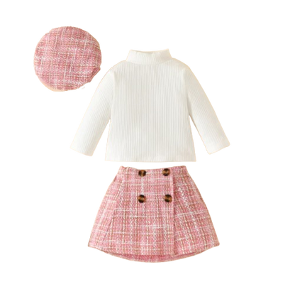 The Mariam - Baby Girl Knit Long Sleeve Top Plaid Skirt Hat Set Toddler Fall Spring Outfit