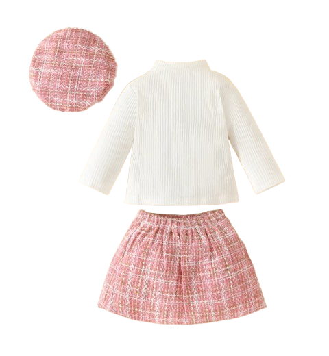 The Mariam - Baby Girl Knit Long Sleeve Top Plaid Skirt Hat Set Toddler Fall Spring Outfit