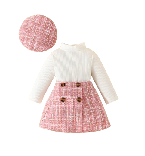 The Mariam - Baby Girl Knit Long Sleeve Top Plaid Skirt Hat Set Toddler Fall Spring Outfit
