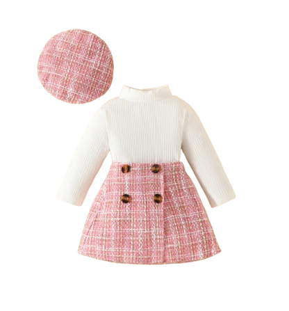 The Mariam - Baby Girl Knit Long Sleeve Top Plaid Skirt Hat Set Toddler Fall Spring Outfit
