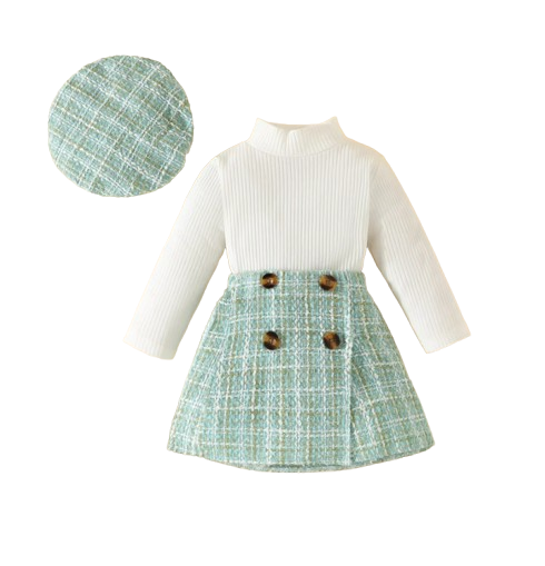 The Mariam - Baby Girl Knit Long Sleeve Top Plaid Skirt Hat Set Toddler Fall Spring Outfit