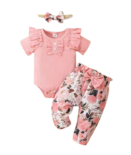 The Raegan - Baby Girl Floral Outfit Set Ruffle Bodysuit Pants Headband Shoes Infant Clothes