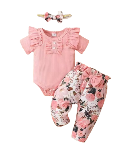 The Raegan - Baby Girl Floral Outfit Set Ruffle Bodysuit Pants Headband Shoes Infant Clothes