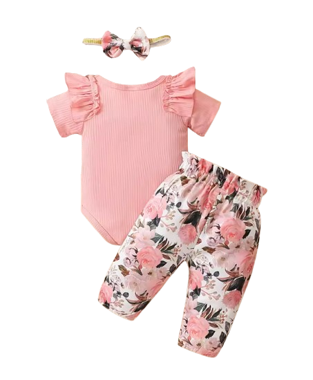 The Raegan - Baby Girl Floral Outfit Set Ruffle Bodysuit Pants Headband Shoes Infant Clothes