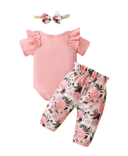 The Raegan - Baby Girl Floral Outfit Set Ruffle Bodysuit Pants Headband Shoes Infant Clothes