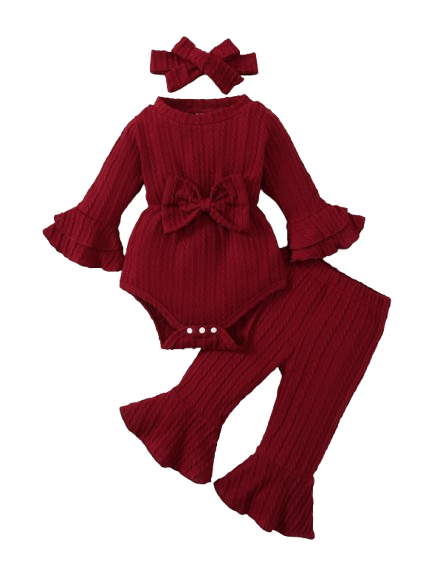 The Yara - Baby Girl Bow Front Jumpsuit Flare Sleeve Textured Romper Fall Winter Outfit