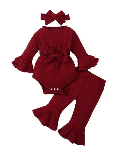 The Yara - Baby Girl Bow Front Jumpsuit Flare Sleeve Textured Romper Fall Winter Outfit