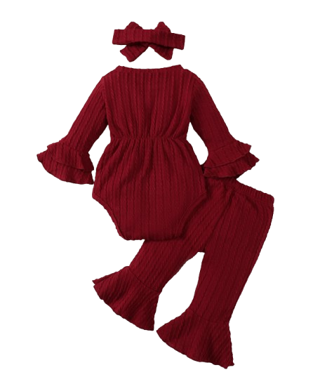 The Yara - Baby Girl Bow Front Jumpsuit Flare Sleeve Textured Romper Fall Winter Outfit