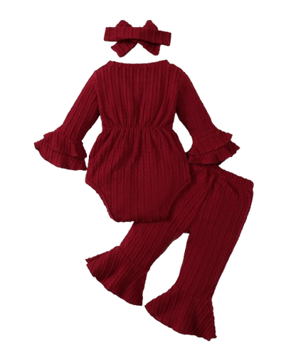 The Yara - Baby Girl Bow Front Jumpsuit Flare Sleeve Textured Romper Fall Winter Outfit