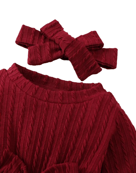 The Yara - Baby Girl Bow Front Jumpsuit Flare Sleeve Textured Romper Fall Winter Outfit