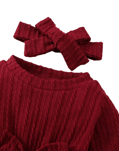 The Yara - Baby Girl Bow Front Jumpsuit Flare Sleeve Textured Romper Fall Winter Outfit