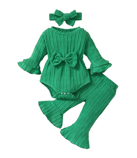 The Yara - Baby Girl Bow Front Jumpsuit Flare Sleeve Textured Romper Fall Winter Outfit
