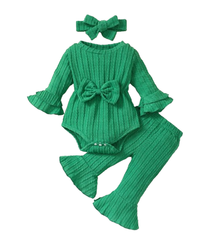 The Yara - Baby Girl Bow Front Jumpsuit Flare Sleeve Textured Romper Fall Winter Outfit
