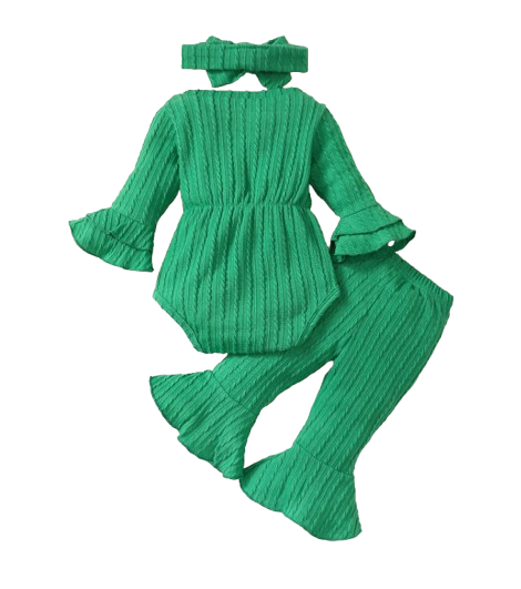 The Yara - Baby Girl Bow Front Jumpsuit Flare Sleeve Textured Romper Fall Winter Outfit