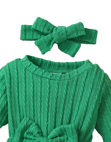 The Yara - Baby Girl Bow Front Jumpsuit Flare Sleeve Textured Romper Fall Winter Outfit