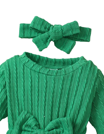 The Yara - Baby Girl Bow Front Jumpsuit Flare Sleeve Textured Romper Fall Winter Outfit