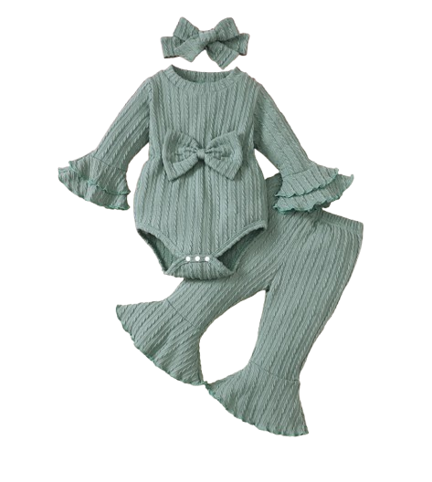 The Yara - Baby Girl Bow Front Jumpsuit Flare Sleeve Textured Romper Fall Winter Outfit
