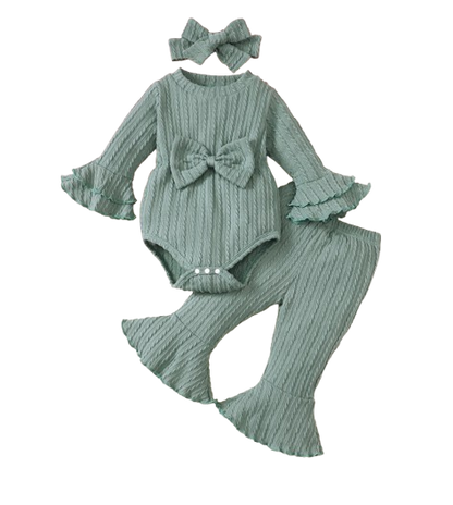 The Yara - Baby Girl Bow Front Jumpsuit Flare Sleeve Textured Romper Fall Winter Outfit