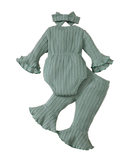 The Yara - Baby Girl Bow Front Jumpsuit Flare Sleeve Textured Romper Fall Winter Outfit