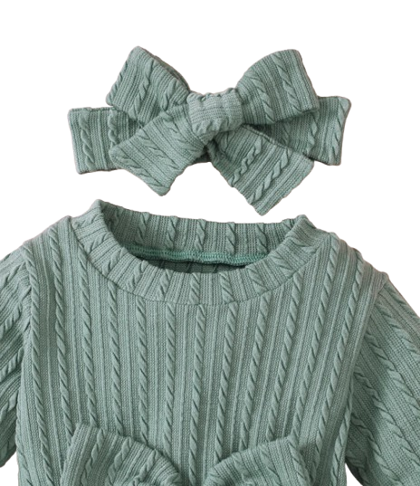 The Yara - Baby Girl Bow Front Jumpsuit Flare Sleeve Textured Romper Fall Winter Outfit