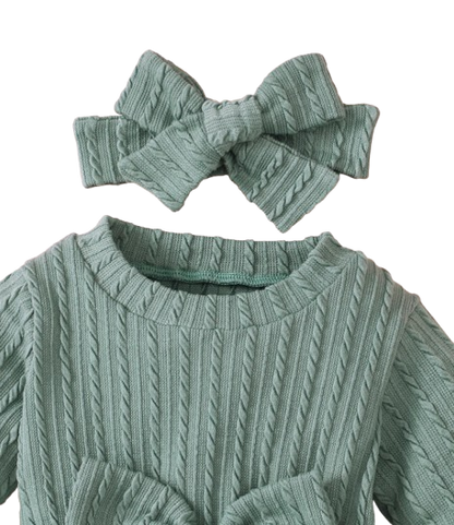 The Yara - Baby Girl Bow Front Jumpsuit Flare Sleeve Textured Romper Fall Winter Outfit
