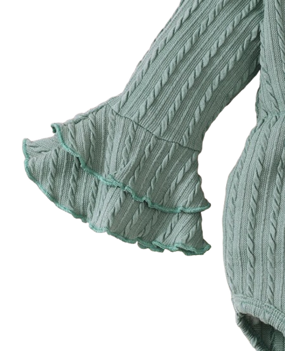 The Yara - Baby Girl Bow Front Jumpsuit Flare Sleeve Textured Romper Fall Winter Outfit