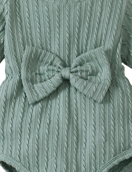 The Yara - Baby Girl Bow Front Jumpsuit Flare Sleeve Textured Romper Fall Winter Outfit