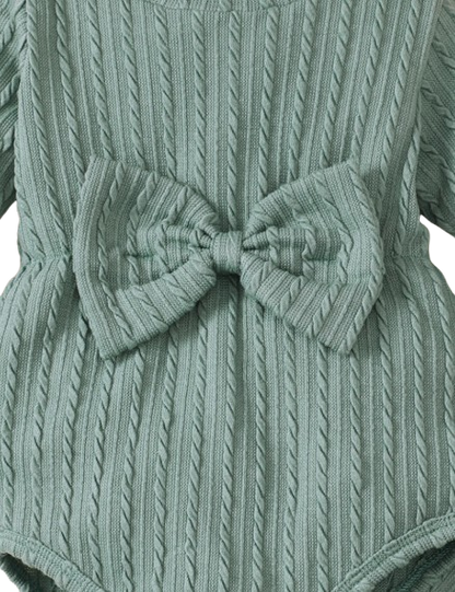 The Yara - Baby Girl Bow Front Jumpsuit Flare Sleeve Textured Romper Fall Winter Outfit