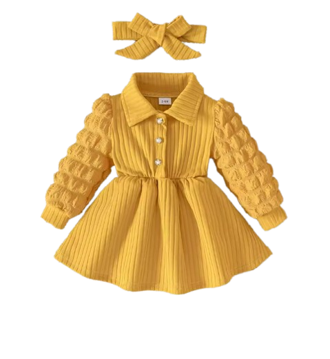 The Beatrice - Ginger Yellow Puff-Sleeve Ribbed Knit Dress & Bow Headband Set for Girls