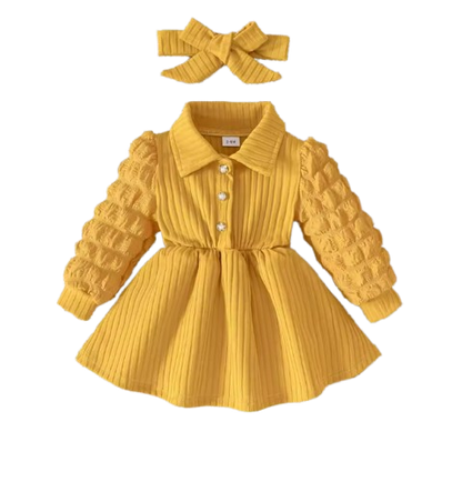 The Beatrice - Ginger Yellow Puff-Sleeve Ribbed Knit Dress & Bow Headband Set for Girls