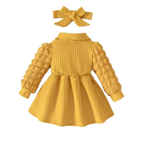 The Beatrice - Ginger Yellow Puff-Sleeve Ribbed Knit Dress & Bow Headband Set for Girls