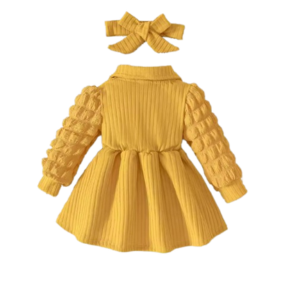 The Beatrice - Ginger Yellow Puff-Sleeve Ribbed Knit Dress & Bow Headband Set for Girls