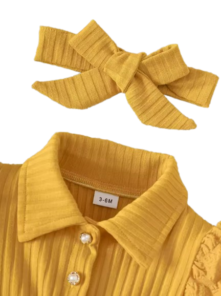 The Beatrice - Ginger Yellow Puff-Sleeve Ribbed Knit Dress & Bow Headband Set for Girls