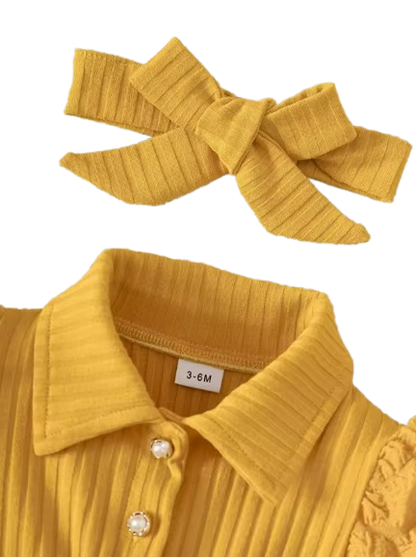 The Beatrice - Ginger Yellow Puff-Sleeve Ribbed Knit Dress & Bow Headband Set for Girls