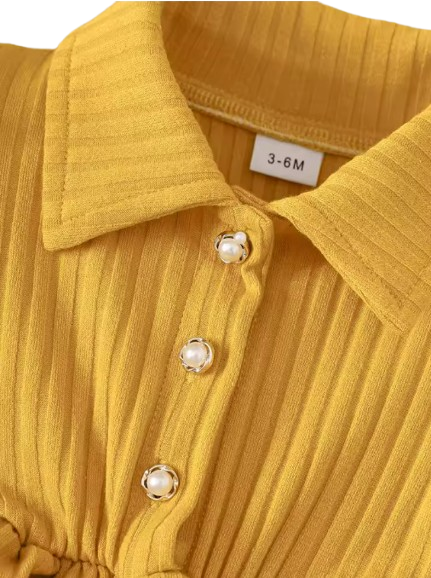 The Beatrice - Ginger Yellow Puff-Sleeve Ribbed Knit Dress & Bow Headband Set for Girls