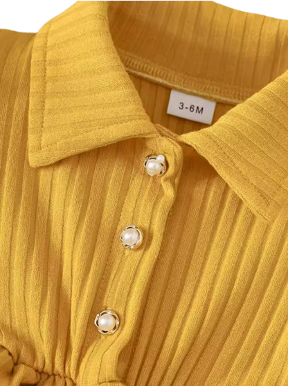The Beatrice - Ginger Yellow Puff-Sleeve Ribbed Knit Dress & Bow Headband Set for Girls