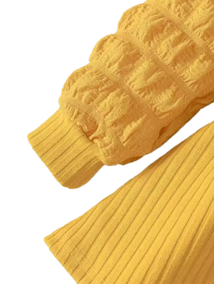 The Beatrice - Ginger Yellow Puff-Sleeve Ribbed Knit Dress & Bow Headband Set for Girls