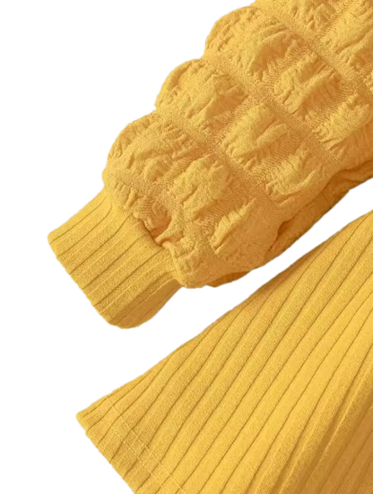 The Beatrice - Ginger Yellow Puff-Sleeve Ribbed Knit Dress & Bow Headband Set for Girls