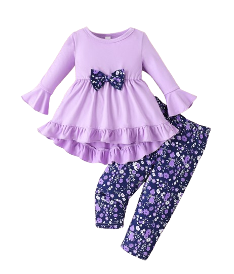 The Alisson - Baby Girl Light Purple Floral Flared Sleeve Set, Sweet Autumn Outfit