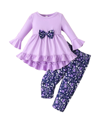 The Alisson - Baby Girl Light Purple Floral Flared Sleeve Set, Sweet Autumn Outfit