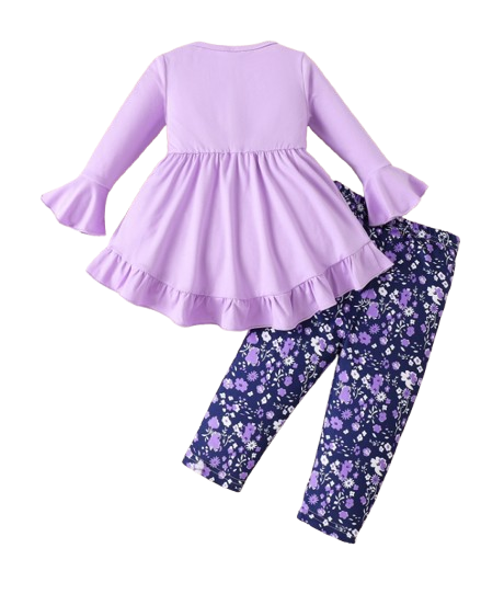 The Alisson - Baby Girl Light Purple Floral Flared Sleeve Set, Sweet Autumn Outfit