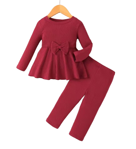 The Analeia - Girls Korean Style Wine Red Ribbed Knit Set with Big Bow Accent Outfit