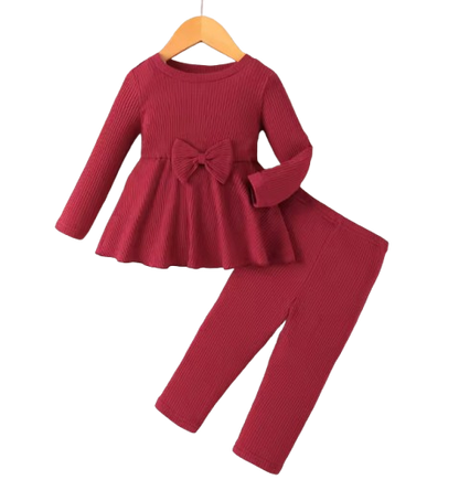 The Analeia - Girls Korean Style Wine Red Ribbed Knit Set with Big Bow Accent Outfit